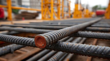 Close up texture of steel rebar rods laid out at an industrial construction site showing detailed surface and cut end
