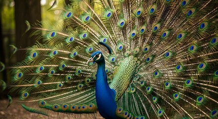 Fototapeta premium Magnificent male peacock displaying vibrant train feathers with intricate eye spots during a courtship ritual in the dappled sunlight