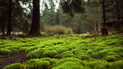 Lush Green Forest Floor of Moss with Blurred Trees and Natural Background.