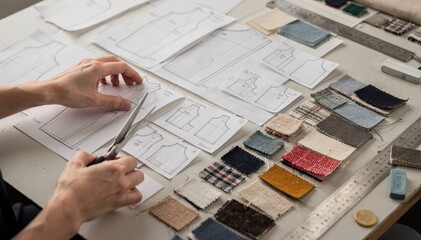Hands skillfully cutting small fabric batches guided by detailed templates showcasing efficient sampling methods and preparation for limited edition collections.