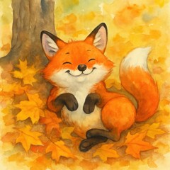 Whimsical autumnal fox slumbering in a golden leaf pile near a rustic tree
