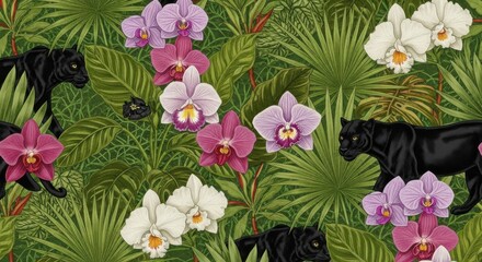 Lush jungle tapestry featuring black panthers and vibrant orchids, conveying a tropical allure