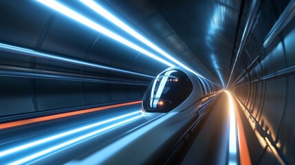 High speed hyperloop train moves through tunnel with lights rushing towards the front of the train in a futuristic setting at daytime