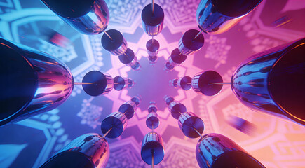 Abstract Futuristic Neon Tunnel with Symmetrical Geometric Patterns