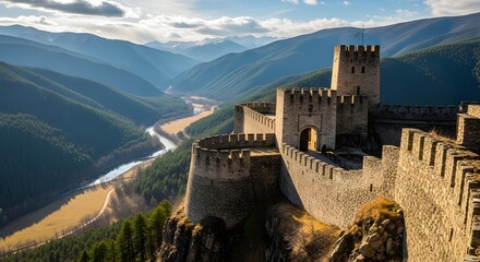 Ancient stone castle fortification perched dramatically high above a winding river valley surrounded by towering mountain ranges