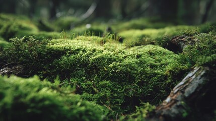 Lush Green Moss with Forest Floor Macro, Nature Texture, Close Up, and Selective Focus.