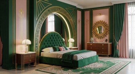 Exquisite bedroom showcasing classic art deco design elements and luxurious textures