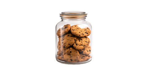A Classic Clear Glass Cookie Jar with a Wooden Lid Is Completely Filled with Delicious Chocolate Chip Cookies and Isolated on a Transparent Background.