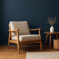 Beige armchair with wooden frame in a minimalist living room setting enhances interior space