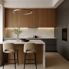 Harmonious kitchen design featuring contrasting cabinets and elegant lighting fixture