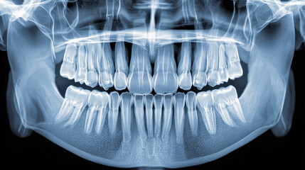 Detailed panoramic dental x-ray showing full upper and lower jaw teeth structures including roots and jawbone for oral health evaluation and diagnosis
