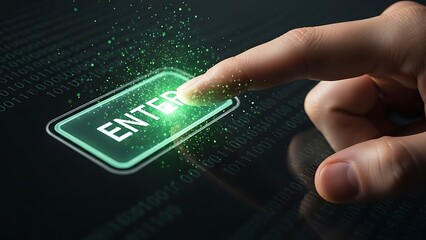 Finger Pressing Glowing Green Enter Button with Digital Binary Code touch screen