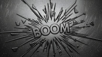 Dynamic silver background with 'boom' text and shattered glass effect