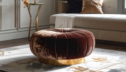 A luxurious living room scene with a tufted, velvet ottoman on a decorative rug, near a sofa and a side table