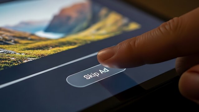 Finger pressing the " Skip Ad" button on a digital screen advertisement video