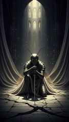 Fantasy Knight Creature Kneeling with Sword in Ancient Grand Hall