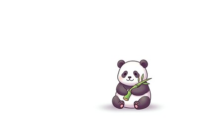 Cute Cartoon Panda Sitting and Holding Bamboo Stalk on White Background