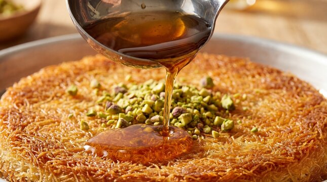 Closeup of kunafeh dessert being drizzled with syrup and topped with pistachios in a pan