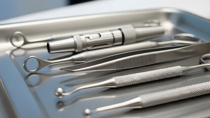 Sterile Surgical Instruments on Metal Tray Medical and Dental Tools Ready for Procedure