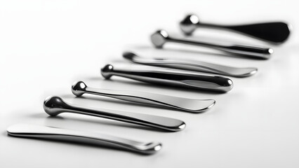 Set of Silver Metal Spoons Lined Up for Aesthetic Design or Culinary Presentation