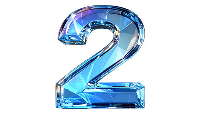 A 3D render of the number "2" is shown, constructed from multifaceted, crystalline blue glass, against a black background