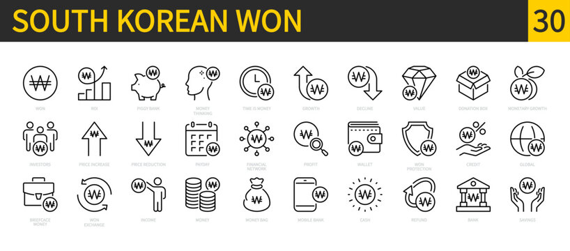 South Korean won icon set. Currency, money, finance, savings, cash, financial network, bank, money bag, growth, piggy bank, wallet, profit icons. Vector illustration. Isolated on a white background.