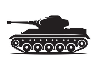 military tank logo silhouette vector, battle tank silhouette vector illustration, army tank silhouette logo vector, powerful military vehicle logo silhouette vector on white background.