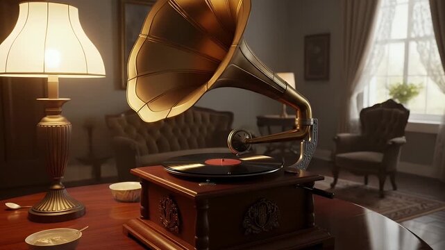 vintage gramophone in a cozy living room with warm lighting