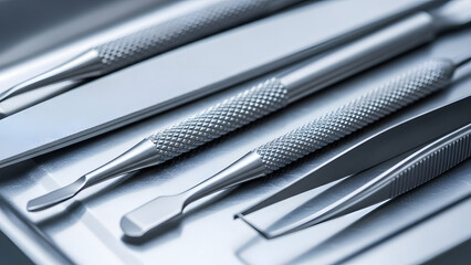 Close up of Professional Stainless Steel Medical and Cosmetic Instruments on a Sterile Tray