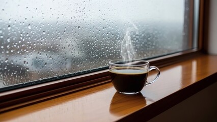 A steaming cup of dark beverage rests on a polished wooden sill next to a window covered in numerous raindrops The outside view is blurred and grey