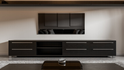 Obraz premium Bright modern living room interior in minimalist style featuring a gray sofa, coffee table, soft carpet and large window with sheer curtains. Neutral color palette, clean design and natural light 