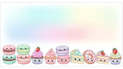 Cute Kawaii Desserts with Smiling Faces on Pastel Rainbow Background