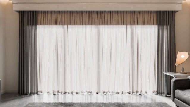 Modern minimalist living room interior with floor-to-ceiling window, sheer white curtains and dark side drapes. Clean contemporary residential space with soft natural daylight, neutral color palette