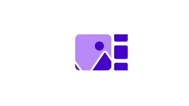 Four purple geometric shapes arranged in a grid symbolize a diverse media gallery or a collection of various visual assets