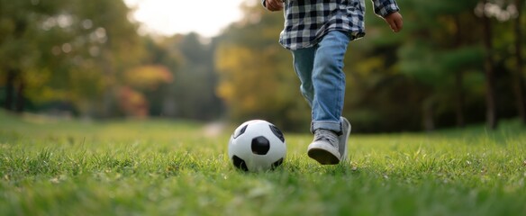 Energetic child kicking vibrant soccer ball on a lush grassy field during joyful playtime