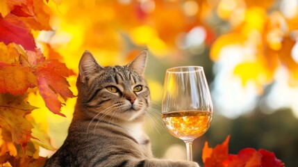 Cat sits with a wine glass in front of colorful autumn leaves, celebrating the harvest season in a bright outdoor setting for fall festivities