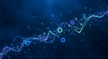 Abstract visualization of glowing blue and purple digital data flowing like a dynamic DNA helix structure in deep space.