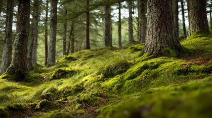 Lush Green Forest Floor with Moss and Trees with Nature Landscape Scene.