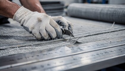Closeup of skilled hands performing straight cuts on reinforcement fabric for tire bead regions highlighting precision and careful material handling in a manufacturing setting.