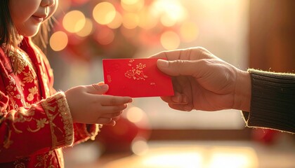 Ultra-realistic close-up lifestyle photograph capturing an emotional Chinese New Year moment as adult hands give a red envelope to a child, warm indoor lighting, shallow depth of field, premium festiv