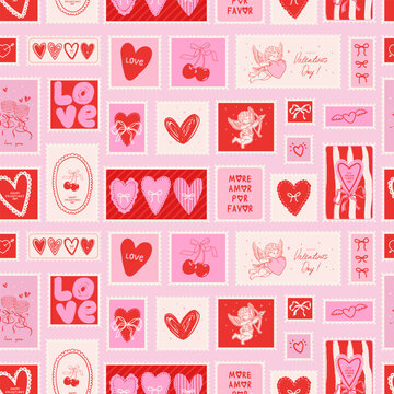 Valentine's Day seamless pattern with romantic postage stamps. Hand drawn Cupid, hearts, cherries and bows. Cute design for wedding, birthday, print, wrapping paper, fabric, wallpaper, textile