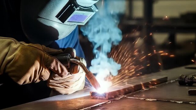 welding arc sparks in metal fabrication workshop