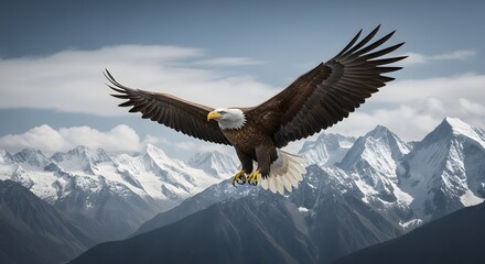 Majestic bald eagle soars powerfully across a dramatic panorama of towering snow-covered mountain peaks under a cloudy sky