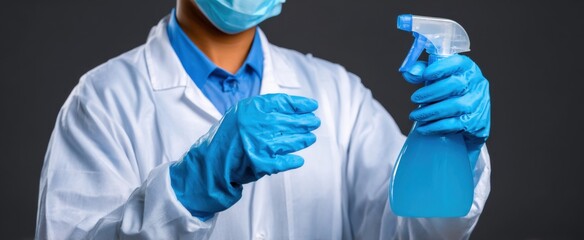 A healthcare worker is a cleanliness wizard spritzing medical equipment in protective gloves