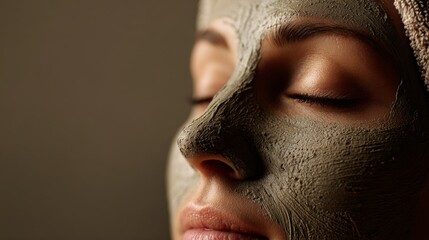 Close up of a beautiful woman with natural clay face mask on her face and eyes closed. Copy space