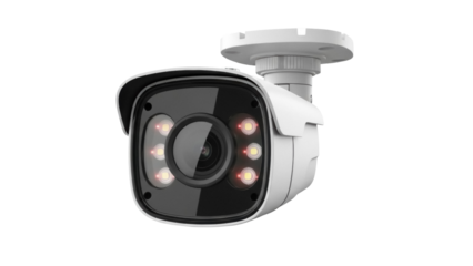 Modern white CCTV security camera isolated PNG, surveillance system for home protection and crime prevention on transparent background