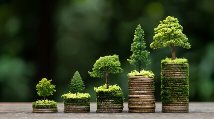 Miniature trees growing from stacks of coins symbolize financial growth and investment