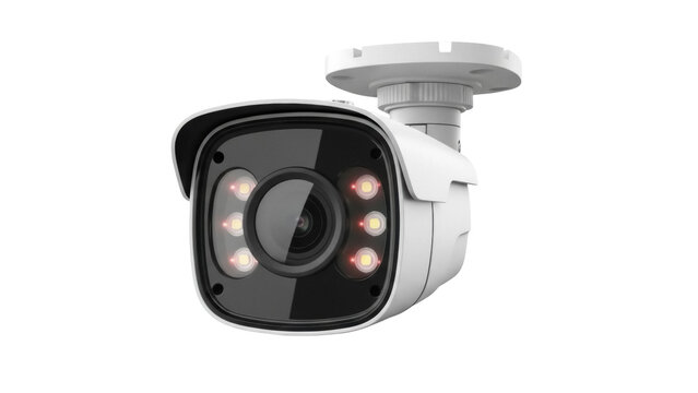 Modern white CCTV security camera isolated PNG, surveillance system for home protection and crime prevention on transparent background