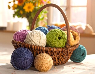 Basket full of vibrant yarn balls rests on a patterned surface, bathed in sunlight, flowers in background