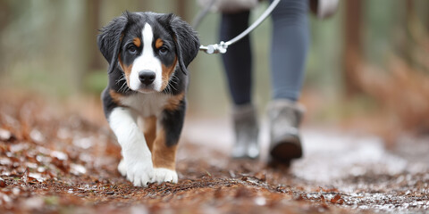 Cute Bernese Mountain Dog puppy walking on a leash along a forest path during an autumn outdoor walk with owner.